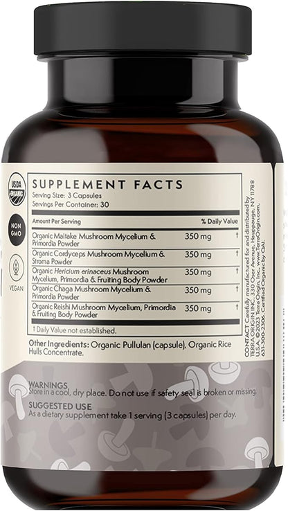 TERRA ORIGIN Healthy Mushroom Capsules | Certified USDA Organic | 90 Veggie Caps | Reishi Mushroom, Lions Mane | Potent Immune Support & Nootropic Brain Supplement |