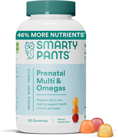 SmartyPants Prenatal Vitamins for Women, Multivitamin Gummies: Omega 3 Fish Oil (EPA/DHA), Biotin, Methylfolate, Vitamin D3, C, Vitamin B12, B6, Vitamin A, K & Zinc, 120 Count (30 Day Supply)