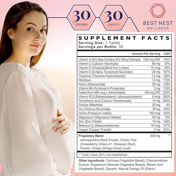 Best Nest Wellness Women's Fertility - Daily Multivitamin for Pregnancy Support - Supplement with Methylated Vitamins Aids Conception - Nutritional Supplement with Ashwagandha & Folate - 30 Tablets