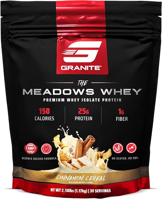 Granite Supplements The Meadows Whey Protein Isolate - (30 Servings) Whey Protein Powder - 150 Calories, 2g Fiber, 1g Sugar Protein Whey for Lean Muscle - Cinnamon Cereal Flavored Protein Powder