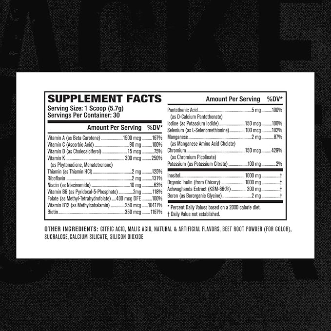 Jacked Factory Vita XT Performance Vitamin Powder - Daily Multivitamin Powder for Men with KSM-66 Ashwagandha, Prebiotic Fiber, Vitamin A, C, D, K, B6, B12, & More - Fruit Punch, 30Sv