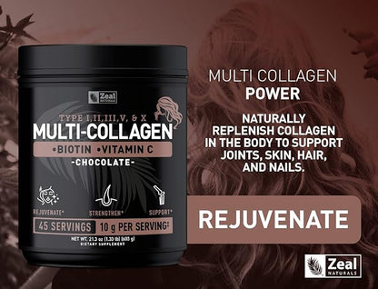 Premium Multi Collagen Peptides Protein Powder (1, 2, 3, 5 & 10) with Vitamin C, Biotin, Hyaluronic Acid, for Hair Skin and Nails - Marine, Bovine, Chicken & Eggshell (Chocolate, 45 Servings)