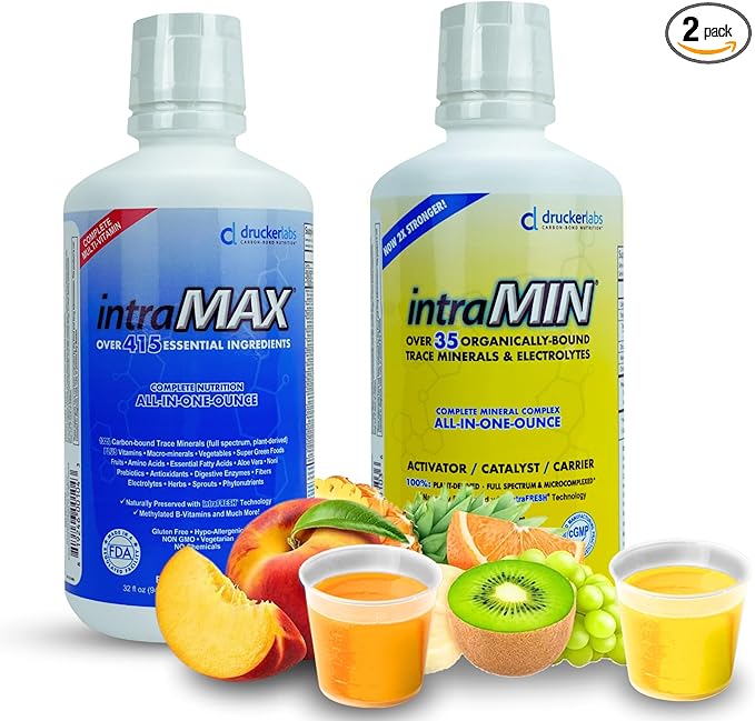 DRUCKER Labs 2.0 (Peach Mango) & intraMIN (Tropical Fruit) - Organic Liquid Trace Minerals, Liquid Multivitamin, Immune Support, Non GMO, Dairy Free, Gluten Free, Vegan (32 oz. Each)