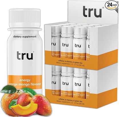 Tru Energy Shot, Orange Mango Flavored Extra Strength Energy Shots - Zero Sugar Energy Drink plus Vitamin B3, B6, B12, and Green Tea - Natural Caffeine, GF, Keto, Vegan Supplement, 2oz (Pack of 24)