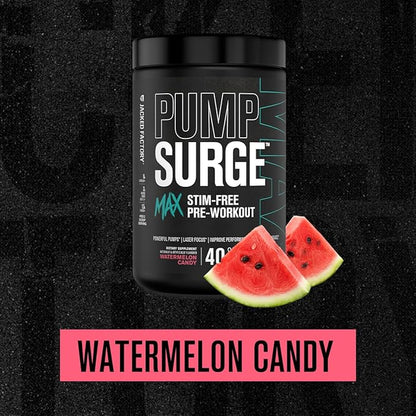 Jacked Factory Pumpsurge Max Stim Free Pre Workout - High-Performance Caffeine Free Pre Workout with L-Citrulline, N03-T Arginine Nitrate & Glutathione - 40 Servings, Watermelon Candy