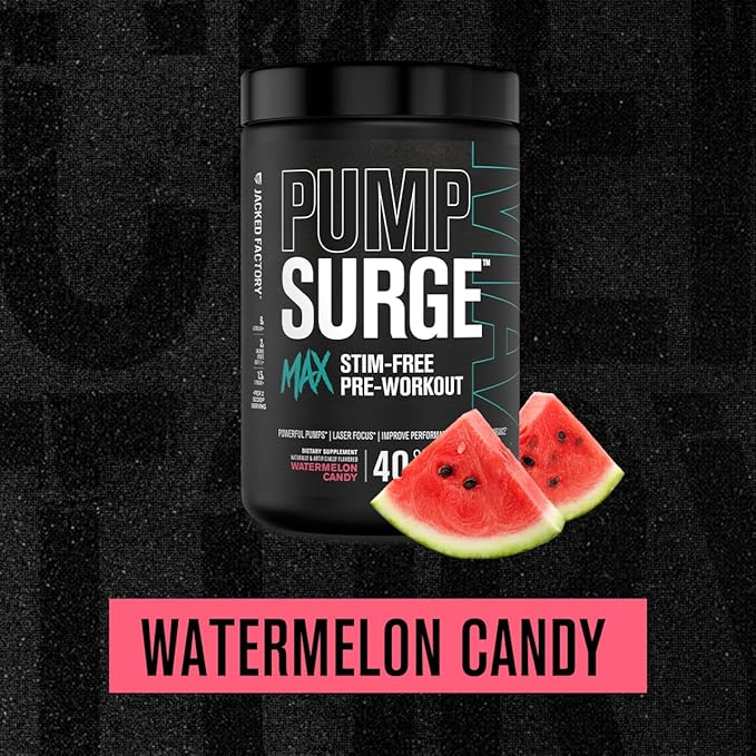 Jacked Factory Pumpsurge Max Stim Free Pre Workout - High-Performance Caffeine Free Pre Workout with L-Citrulline, N03-T Arginine Nitrate & Glutathione - 40 Servings, Watermelon Candy