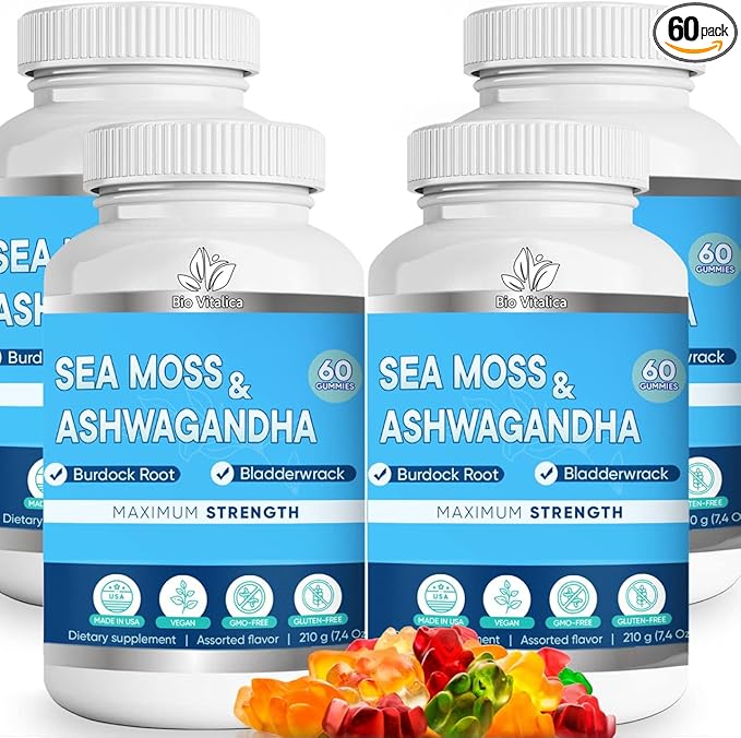 BIO VITALICA Sea Moss Ashwagandha Gummies - Organic Irish Seamoss & Ashwa Root Powder Supplements for Supporting Energy & Immunity for Men and Women