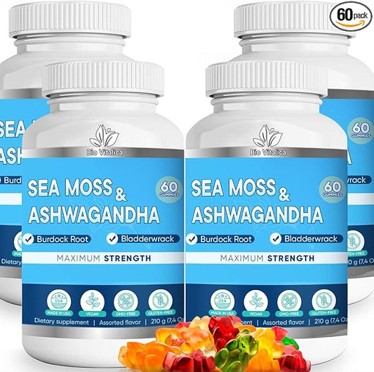 BIO VITALICA Sea Moss Ashwagandha Gummies - Organic Irish Seamoss & Ashwa Root Powder Supplements for Supporting Energy & Immunity for Men and Women