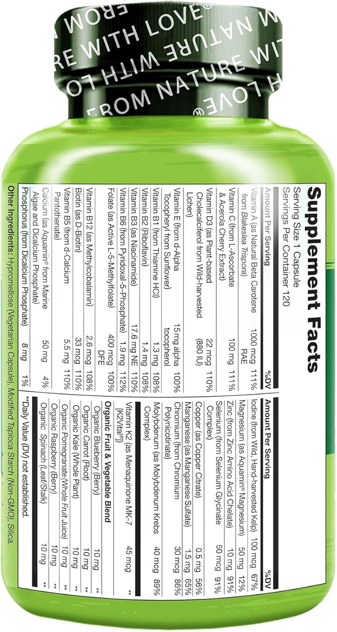 NATURELO Mens Multivitamins - One Daily Multivitamin for Men with Vitamins, Minerals & Organic Whole Foods, Boost Energy & Health, Non-GMO, 120 Vegetarian Capsules