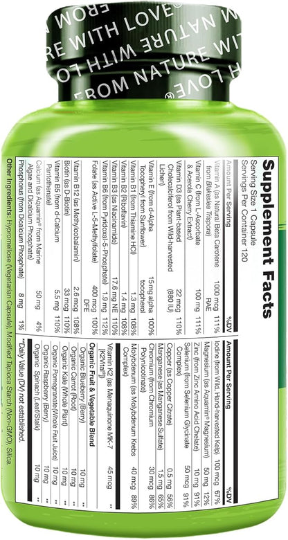 NATURELO Mens Multivitamins - One Daily Multivitamin for Men with Vitamins, Minerals & Organic Whole Foods, Boost Energy & Health, Non-GMO, 120 Vegetarian Capsules