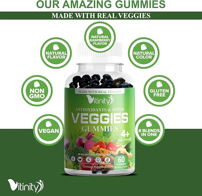 Veggies Supplement-Made with Real Super Veggies Delicious Gummies(120 Chews),30 Veggies,Herbs,Fruit and Vegetable Supplement,Non-GMO,Pectin-Based,Gluten-Free,No More Pills (60 Day)