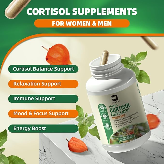 Cortisol Supplement, 10-in-1 Cortisol Reducer Manager Supplements for Women with Ashwagandha, Magnesium Glycinate, L-Theanine, Rhodiola, Calm Zzz & Mood Support, Non-GMO, 60 Vegan Capsules