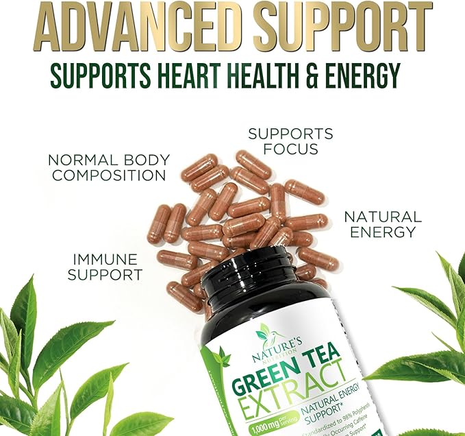 Green Tea Extract Capsules 1000mg 98% Standardized EGCG - 3X Strength for Natural Energy - Heart Support with Polyphenols - Gentle Caffeine - 60 Capsules