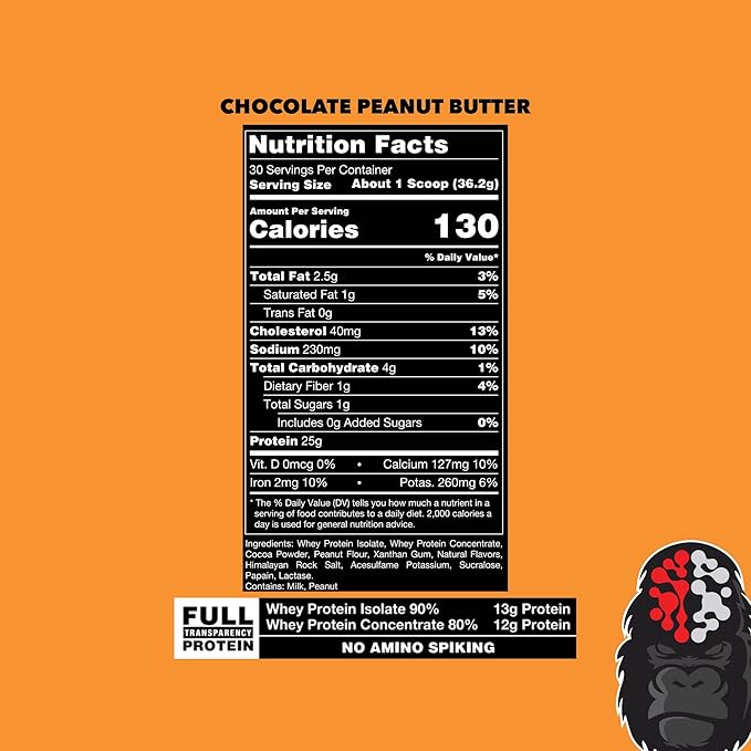 Gorilla Mode Premium Whey Protein - Chocolate Peanut Butter / 25 Grams of Whey Protein Isolate & Concentrate/Recover and Build Muscle (30 Servings)
