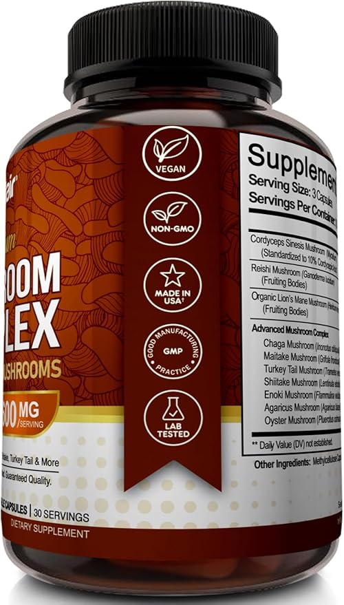 NutriFlair Mushroom Supplement 2600mg, 90 Capsules - 10 Mushrooms Blend - Reishi, Lions Mane, Cordyceps, Chaga, Turkey Tail, Maitake, Shiitake, Oyster Nootropic Complex - Brain, Energy, Focus Pills