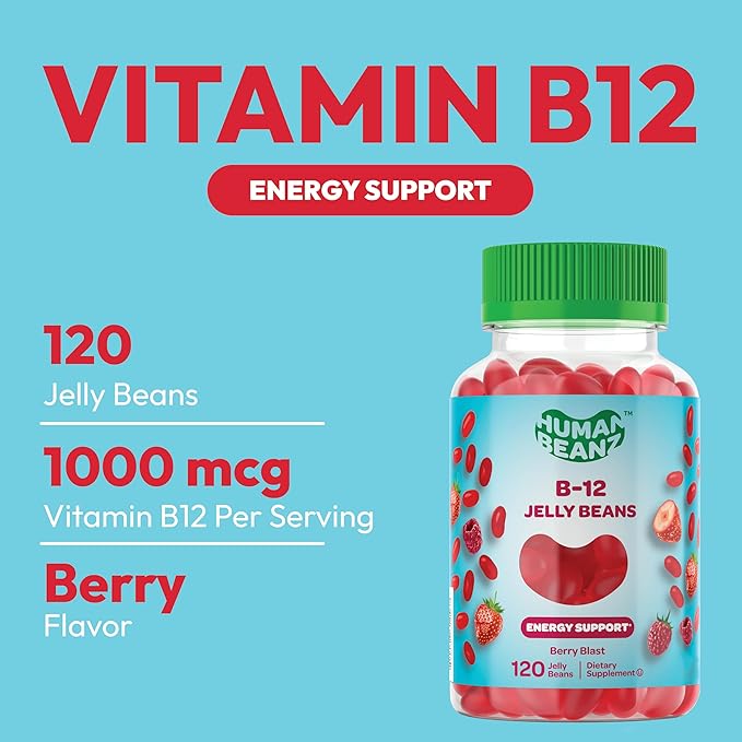 Methylated Vitamin B12, Jelly Bean Gummies for Adults, Brain Health and Energy Booster, Healthy Hair, Skin, and Nails, Nutritional Vegetarian Supplements, 120 Jelly Beans