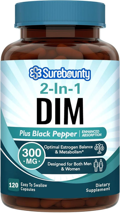 DIM Supplement 300mg for Women & Men, Estrogen Balance & Metabolism, Hormone Balance, Menopause Support, Energy Maintainence, High Absorption with Black Pepper Extract, 120 Caps