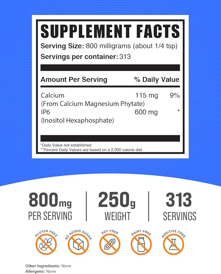 BulkSupplements.com IP6 Powder - Inositol Hexaphosphate, IP6 Supplement - Inositol Supplement for Immune Support, Gluten Free, 800mg per Serving, 250g (8.8 oz) (Pack of 1)
