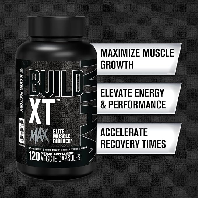 Jacked Factory Build-XT Max Muscle Builder for Men and Women - ATP Supplement with Peak02 Cordyceps, KSM-66 Ashwagandha, & ElevATP for Muscle Recovery, Muscle Growth, Increased Endurance - 120 Count