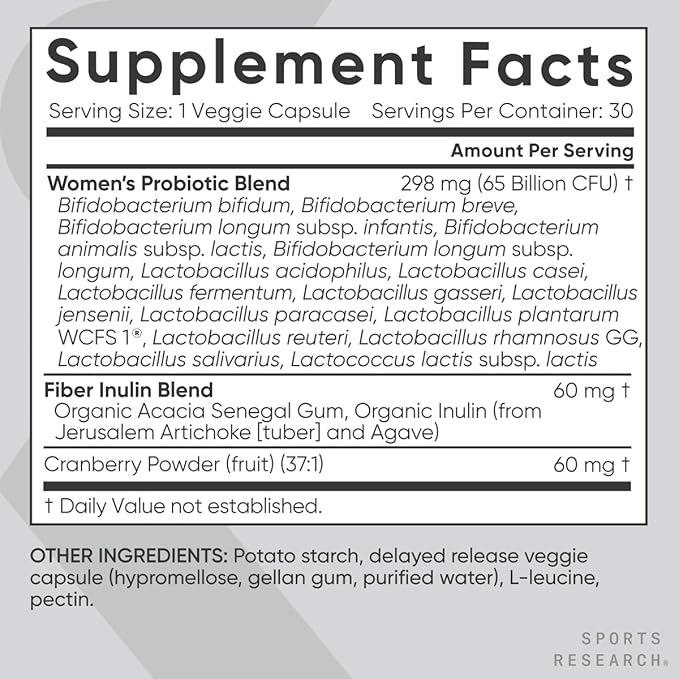 Sports Research Women's Probiotics with Prebiotics, 65 Billion CFU - Vegan Capsules for Gut Health & Digestive Support, Probiotics for Women with Cranberry - Non-GMO Verified & Gluten Free - 30 Count