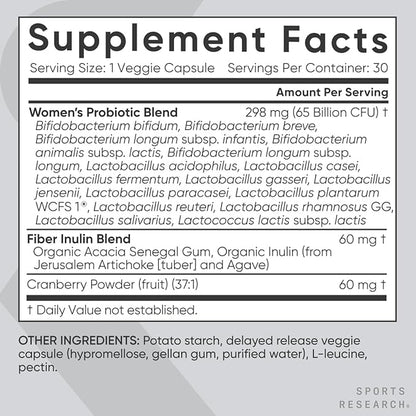 Sports Research Women's Probiotics with Prebiotics, 65 Billion CFU - Vegan Capsules for Gut Health & Digestive Support, Probiotics for Women with Cranberry - Non-GMO Verified & Gluten Free - 30 Count