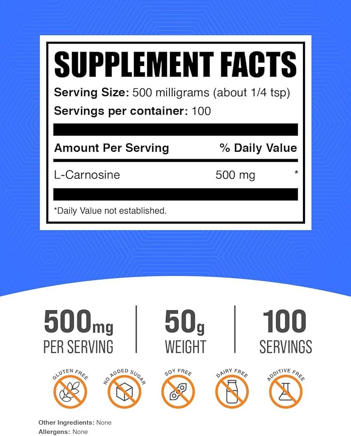 BulkSupplements.com L-Carnosine Powder - Carnosine Supplement, Carnosine 500mg - Amino Acid Supplement, Gluten Free, 500mg per Serving, 50g (1.8 oz) (Pack of 1)