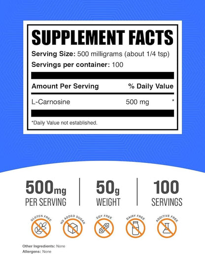 BulkSupplements.com L-Carnosine Powder - Carnosine Supplement, Carnosine 500mg - Amino Acid Supplement, Gluten Free, 500mg per Serving, 50g (1.8 oz) (Pack of 1)