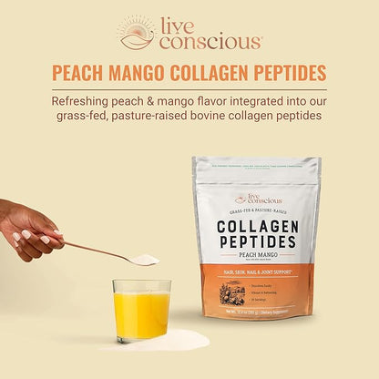 Live Conscious Collagen Peptides Powder - Peach Mango Flavored Collagen Powder - Hair, Skin, Nail, & Joint Support - Type I & III Grass-Fed Collagen Supplements for Women and Men - 30 Serving - 12.4oz