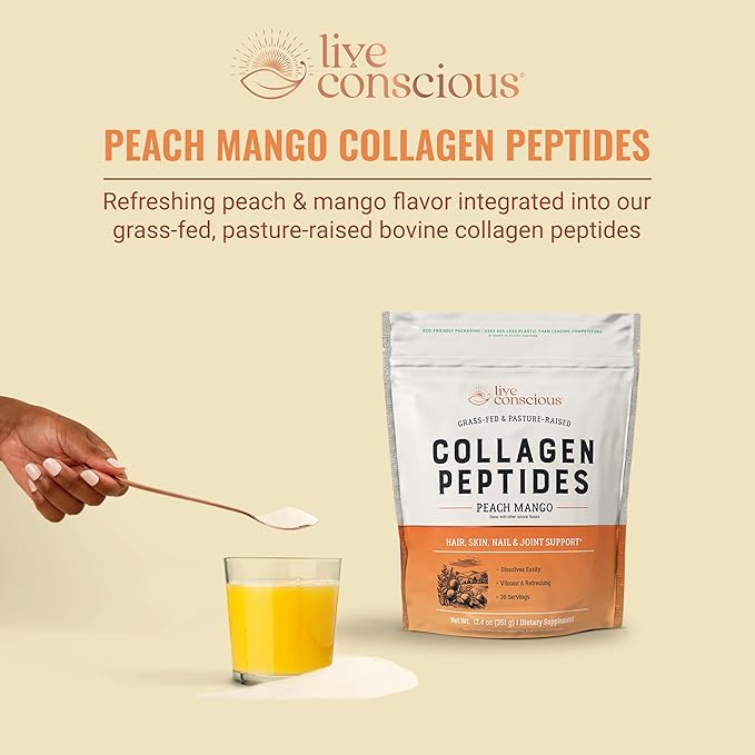 Live Conscious Collagen Peptides Powder - Peach Mango Flavored Collagen Powder - Hair, Skin, Nail, & Joint Support - Type I & III Grass-Fed Collagen Supplements for Women and Men - 30 Serving - 12.4oz