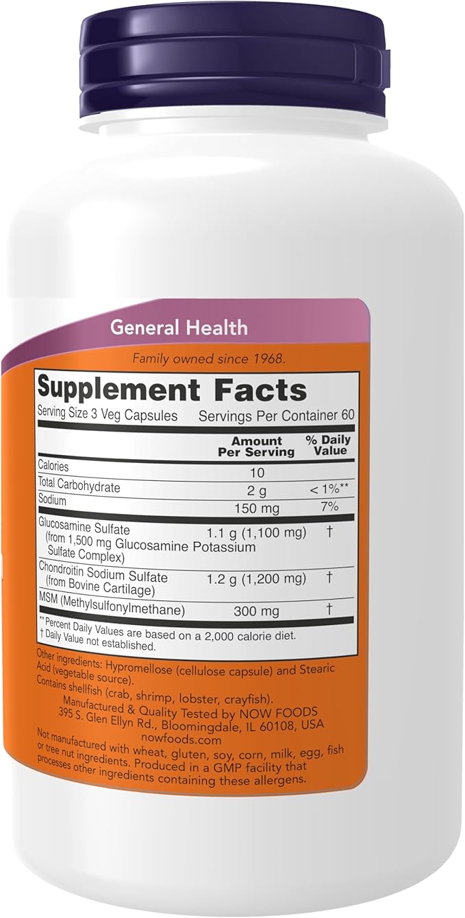 NOW Foods Supplements, Glucosamine & Chondroitin with MSM, Joint Health, Mobility and Comfort*, 180 Veg Capsules