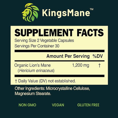 KingsMane™ Organic Lion's Mane Mushroom Supplement, Memory, Focus, & Clarity Brain Support, 1200mg, 60 Capsules