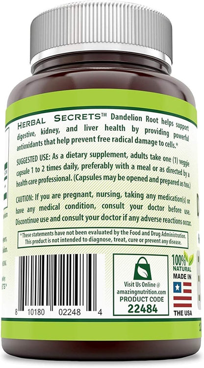 Herbal Secrets Dandelion Root 520 Mg 120 Veggie Capsules (Non-GMO) - Improve Gastrointestinal Health, Reduces Throat Inflammation, (Pack of 3)