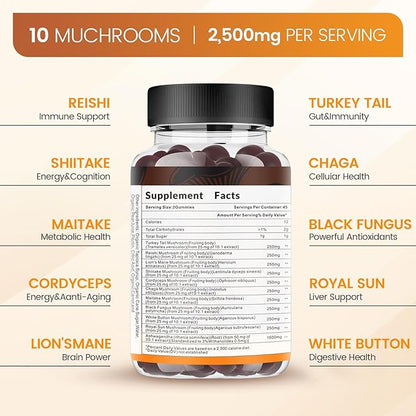 Mushroom Gummies - 10x Mushroom Supplement with Ashwagandha and Lions Mane - Brain Booster, Immune Support, Energy - Mushroom Supplement for Men & Women 90 Coke Gummies
