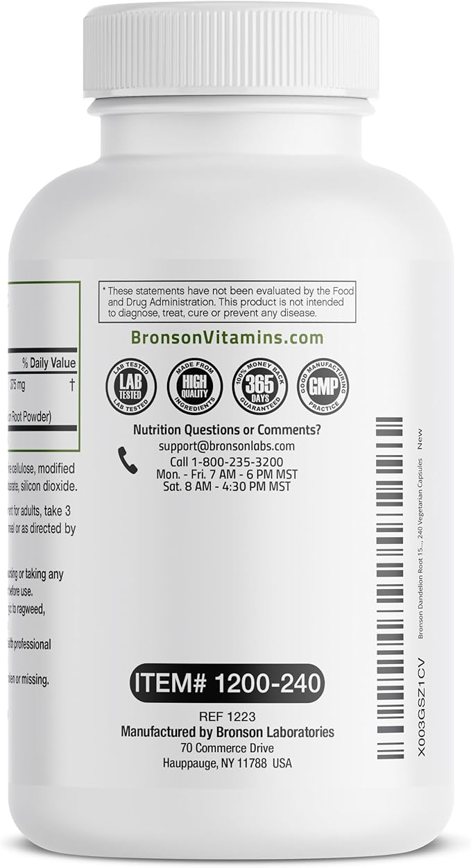 Bronson Dandelion Root High Potency Supplement, Supports Overall Good Health & Well-Being, Traditional Diuretic Herb - Non-GMO, 240 Vegetarian Capsules