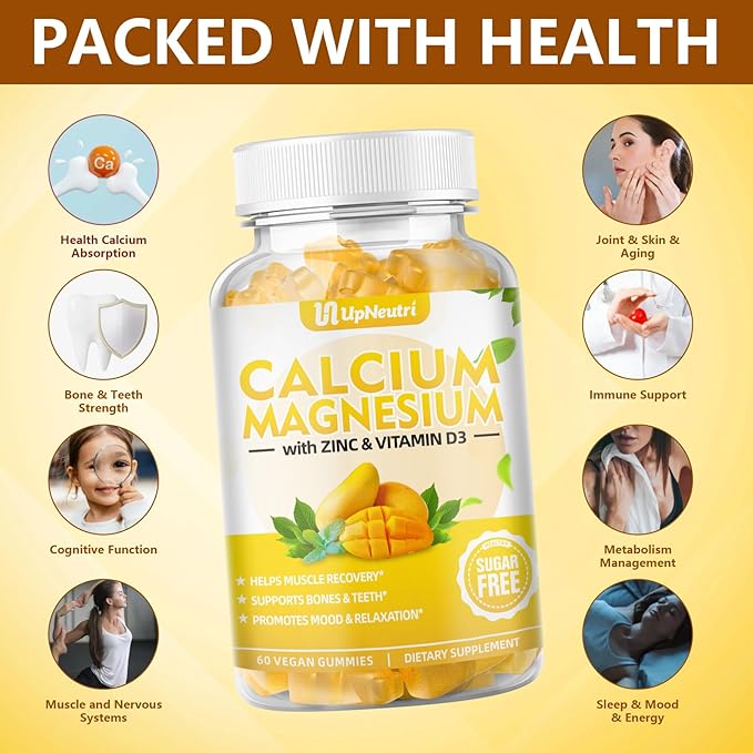 Calcium Magnesium Zinc with Vitamin D3 Supplement, Sugar Free Calcium Gummies for Women Men, High Absorption Zinc Gummies for Bone & Muscle & Immune Health, Vegan Mango Flavor - 120 Count