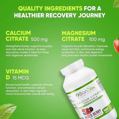 BariSlim Bariatric Calcium Citrate with Magnesium and Vitamin D Tabs - 500 mg of Calcium Citrate Per Serving - Formulated for Patients After Weight Loss Surgery | Mixed Berry (90 Servings)