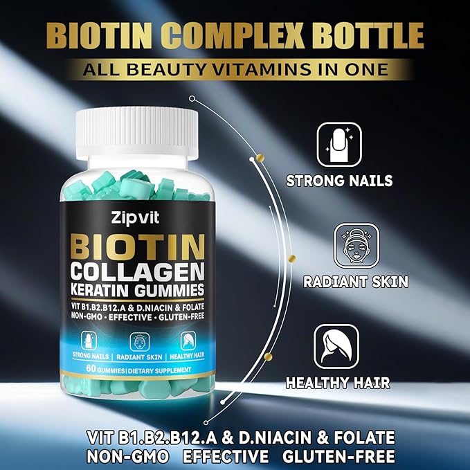 Biotin Collagen Gummies – Hair Skin and Nails Vitamins for Women & Men – Hair Growth Vitamins: B1, B2, B3, B6, B7, Collagen, Keratin, Vitamin A & D – Hair Growth Supplement – 60 Gummy Bears