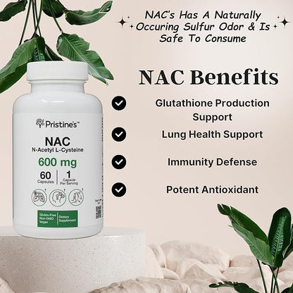 PRISTINE'S N-Acetyl L-Cysteine (NAC) 600MG (3 Pack) Immunity Support Supplement - 180-Day Supply - Potent Lung & Liver Antioxidant Supplement Capsules - Mood Support - Vegan, Glutern Free, Non GMO