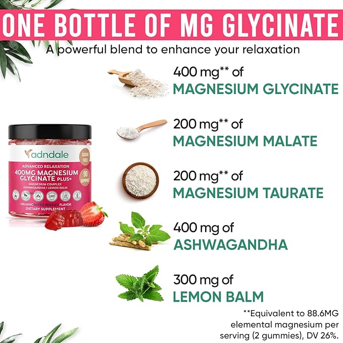 90 CT Magnesium Glycinate Gummies 400 mg/Serv - with Ashwagandha, Magnesium Malate & Taurate - Sugar Free Chews for Adults & Kids Relaxation, Stress Relief, Night Rest, Muscle & Cardio Support