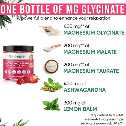 90 CT Magnesium Glycinate Gummies 400 mg/Serv - with Ashwagandha, Magnesium Malate & Taurate - Sugar Free Chews for Adults & Kids Relaxation, Stress Relief, Night Rest, Muscle & Cardio Support