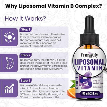 Liposomal Vitamin B Complex Liquid Sublingual B Complex Vitamins Supplement for Women Men Improved Absorption Methylated B12,B1, B2, B3, B5, B6,Folate,Biotin for Energy And Immune Support-2.0 oz
