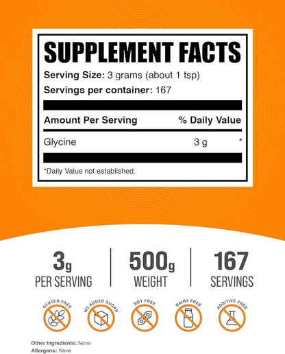 BulkSupplements.com Glycine Powder - Glycine Supplements, Glycine 3000mg - Glycine Amino Acid Supplement, Pure & Gluten Free - 3000mg per Serving, 500g (1.1 lbs) (Pack of 1)
