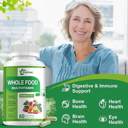 Multivitamin for Women 50 and Over, Whole Food Multivitamins Minerals Organic Extracts Women's 50+ Multivitamin for Energy Support, Nourish Hair, Skin, Nails Health, 60 Capsules