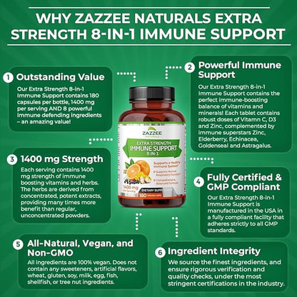 Zazzee Extra Strength 8-in-1 Immune Support, 1400 mg per Capsule, 180 Vegan Capsules, 1000 mg Vitamin C, 1000 IU mg D3, Zinc, Elderberry, Echinacea, Goldenseal, Turmeric and Astragalus, All-Natural