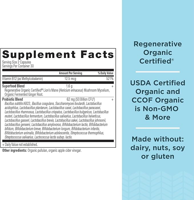 Ancient Nutrition Regenerative Organic Certified Probiotics, Extra Strength Probiotics, for Healthy Digestion and Immune System Function Support, 50 Billion CFUs* Per Serving, 60 Count