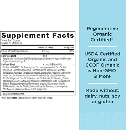 Ancient Nutrition Regenerative Organic Certified Probiotics, Extra Strength Probiotics, for Healthy Digestion and Immune System Function Support, 50 Billion CFUs* Per Serving, 60 Count