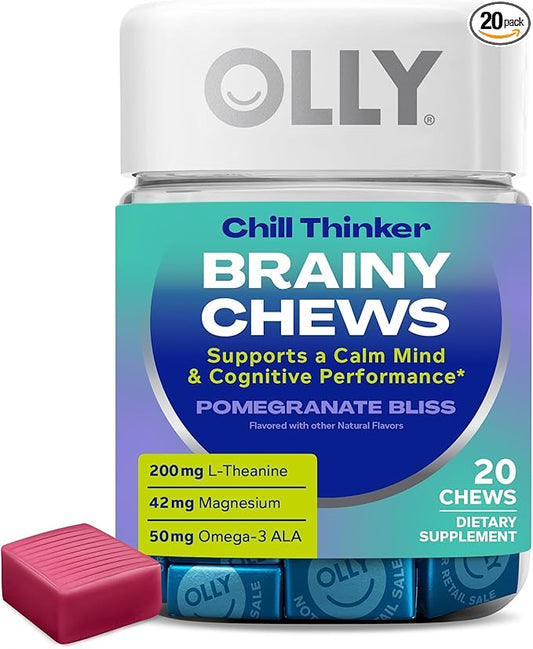 OLLY Chill Thinker Brainy Chews, Plus L-Theanine, Magnesium & Omega-3 for a Relaxed State of Mind, Pomegranate Blueberry Flavor, 20 Count
