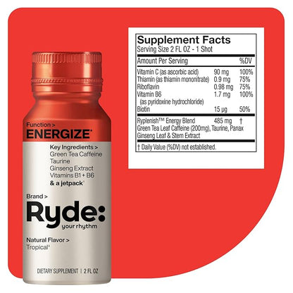 Ryde: Energize Shot | Tropical Flavor | Green Tea Caffeine, Taurine, Ginseng Extract & B Vitamins | 0 Calories, 0 Sugar | 2 FL OZ Shots | Boosts energy* (24 Pack)