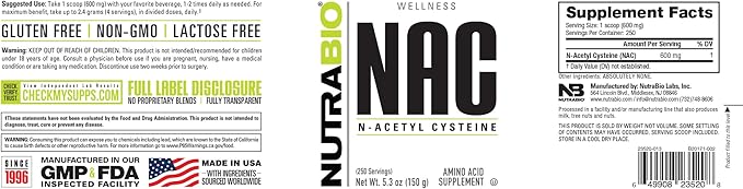 NutraBio N-Acetyl Cysteine Supplement (NAC) - 150 Grams Powder, 600mg Serving - Powerful Anti-Oxidant - Immune Support - No Fillers - Non-GMO - Gluten Free
