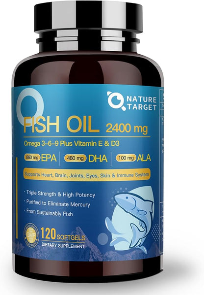 Triple Omega 3 6 9, Fish Oil 2400mg Softgels with Vitamin D3 & E - EPA & DHA & ALA - Supports Heart, Brain, Joint & Immune Health, Sustainably Sourced, Non-GMO